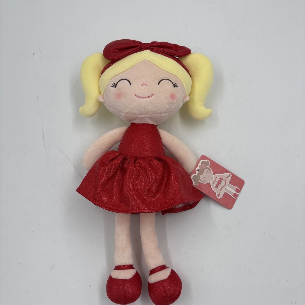 Gloveleya Plush Rag Doll Red Dress Blonde Pigtails 13-Inch New with Tags